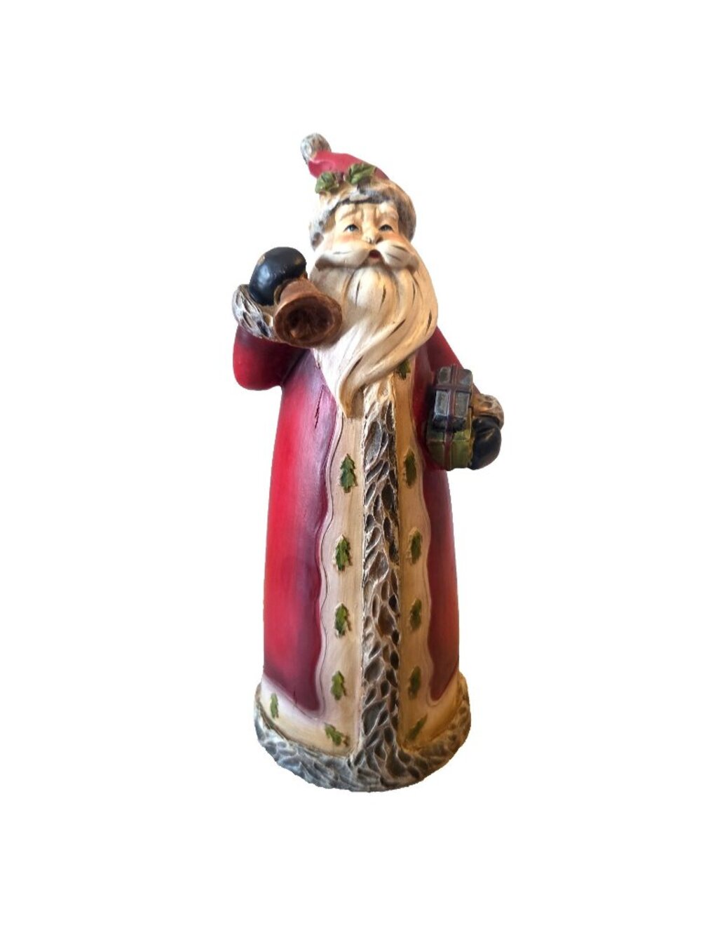 Old World Santa Holding Bell and a Gift Resin 7.5” Tall